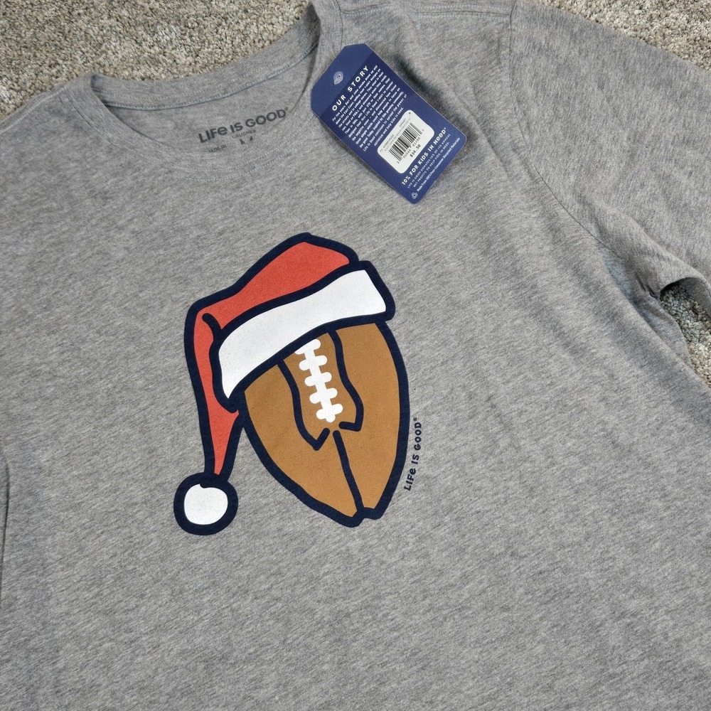 Life Is Good men's Santa Hat Football Long Sleeved Shirt Size M Heathered Gray
